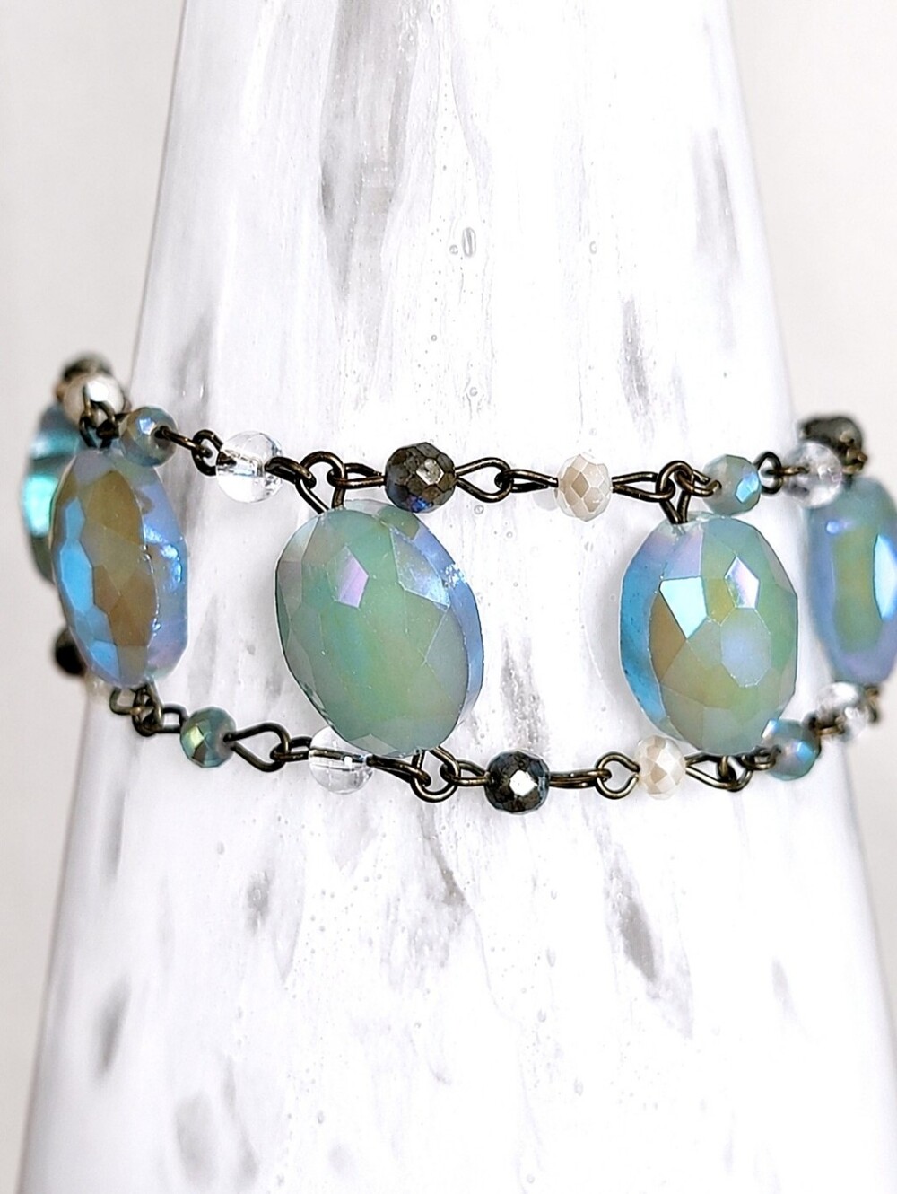 Dusty Blue Teal Glass Oval Faceted Dual Chain Bracelet Brass Magnetic Clasp EUC
